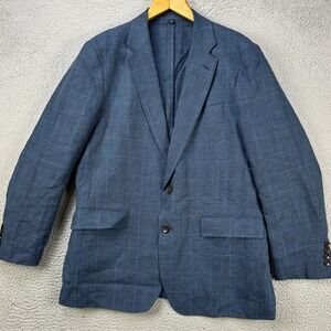 J Crew Thompson Linen Blazer‎ Sport Coat Mens 42R Blue Glenn Plaid Long Sleeve